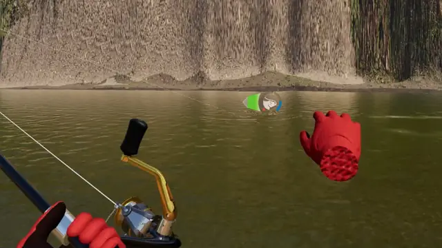 The rod bent toward a marker on the water where a fish is hooked