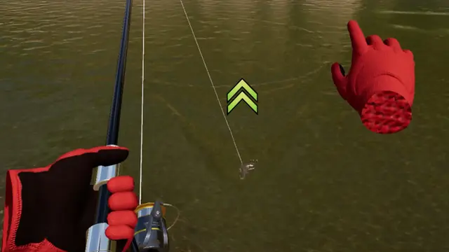 Green arrows on the water telling the player to lift the rod