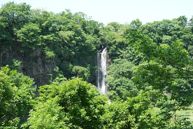A waterfall dropping into the Hantan River gorge